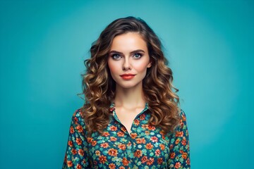 Fototapeta premium Photo of lovely cute pretty woman wear trendy print clothes empty space isolated on blue color background