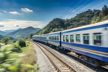 Naklejka premium Train travel through the picturesque, lush landscapes of Asia. Motion blur, selective focus.