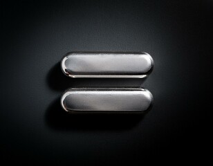 Silver equal sign on black background metal equal sign metallic equality steel math 3d button isolated math symbol web element 