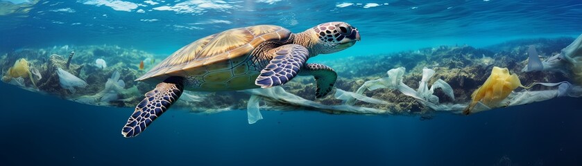 Obraz premium Sea turtle swimming amidst ocean pollution, highlighting the impact of plastic waste on marine life and the environment.
