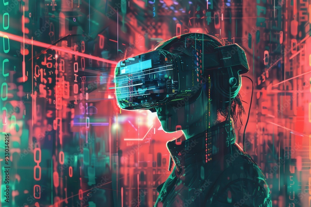 Leinwandbilder a hacker explores a dynamic virtual world filled with digital locks and flowing codes using a vr hea