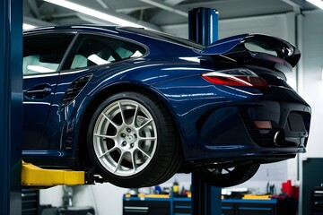 Fototapeta premium Suspended blue car on lift in workshop, tools in background