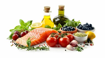 Mediterranean diet salmon olive oil tomato herbs healthy natural ingredients