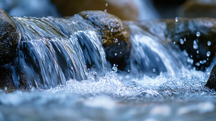 A detailed shot of water splashing over rocks at the base of a waterfall, with a camera positioned to capture the motion in sharp focus 