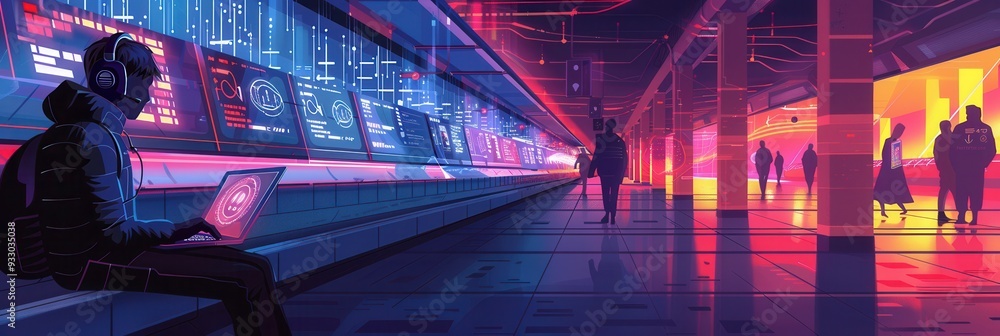 Leinwandbilder a hacker uses a laptop in a crowded metro station, illustrating the risks associated with public wi-