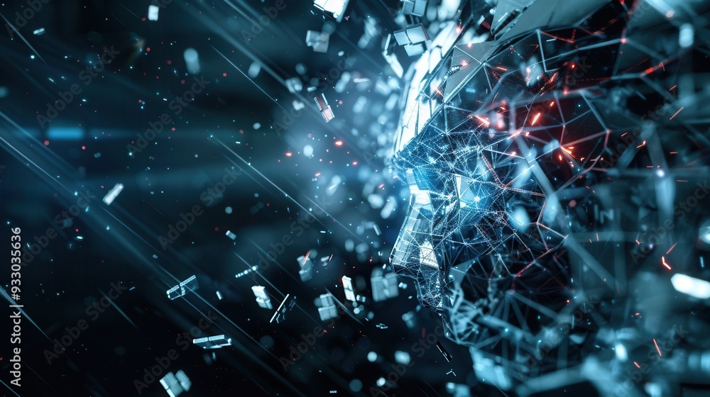 Leinwandbilder a hacker penetrates a digital shield, causing fragments to scatter in a cyberattack, showcasing the 