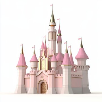 recommend clip art: 3D Render of a fairy tale castle with pink and gold spires, on isolated white background
