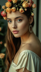 Fototapeta premium Beauty Portrait of a young attractive girl with a wreath of rosebuds on her head. Decor of flowers.