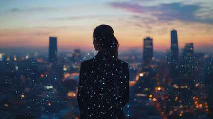 Fototapeta premium Abstract business woman stands on the peak of success amid tall, innovative Smart city and graphs with statistics to analyze business potential and predict future developments in company growth.