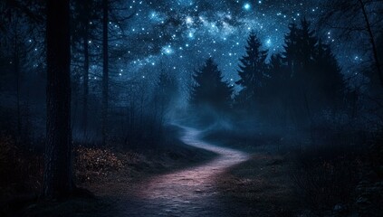Fototapeta premium A winding path through a dark forest under a starry