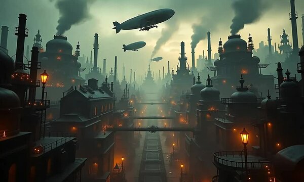 steampunk flying over city