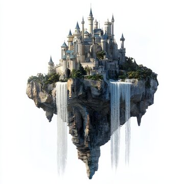 recommend clip art: 3D Render of a floating castle with waterfalls cascading from its base, on isolated white background