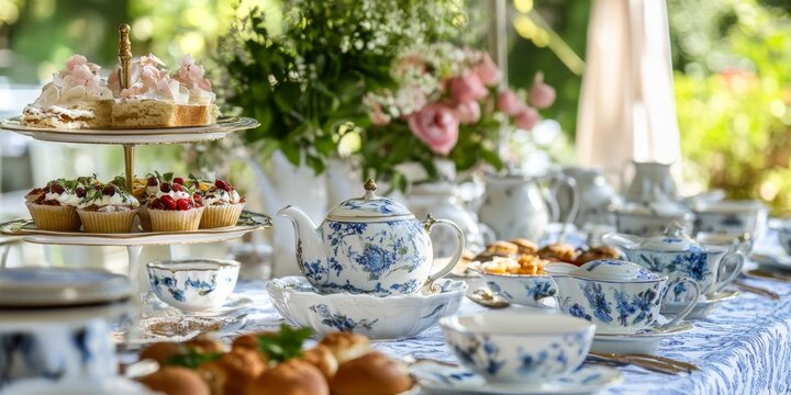Elegant Edwardian Afternoon Tea Party: Vintage Illustration with Fine China, Linen, and Delectable Treats. Stylish Minimalist Composition for Graphic Design, Marketing, and UI. Luxurious Cultural Expe
