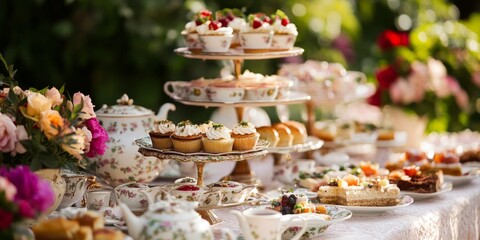 Naklejka premium Elegant Edwardian Afternoon Tea Party: Vintage Illustration with Fine China, Linen, and Delectable Treats. Stylish Minimalist Composition for Graphic Design, Marketing, and UI. Luxurious Cultural Expe