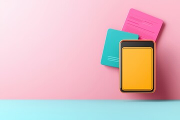 Colorful stationery on a pastel background, featuring a vibrant yellow notepad and colorful cards for creative inspiration.