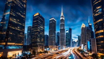 Fototapeta premium A city skyline at night with a bright yellow building in the middle