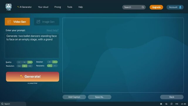 User interface of AI video generator. Artificial intelligence chatbot generate detailed high-quality realistic video of two ballet dancer dancing in theater. Advanced AI generated video creation.