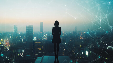 Abstract business woman stands on the peak of success amid tall, innovative Smart city and graphs with statistics to analyze business potential and predict future developments in company growth.