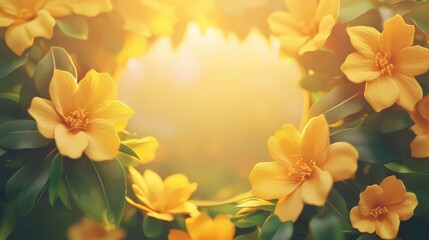 Obraz premium A beautiful arrangement of yellow flowers framed by leaves, glowing in warm light, perfect for nature and spring themes.