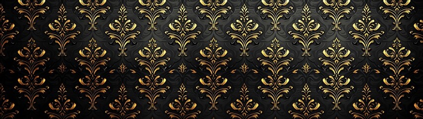 Elegant damask pattern in black and gold, overhead view, isolated on a pastel background, more clarity with clear light and sharp focus, high detailed