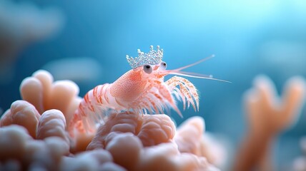 A shrimp with a sparkling crown majestically moving across a coral reef.