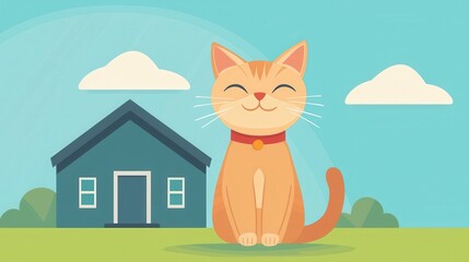 A cheerful orange cat sits in front of a cozy house, surrounded by a bright blue sky and fluffy clouds. Perfect for pet lovers.