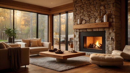 Fototapeta premium living room with fireplace, ai generated