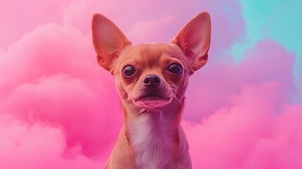 A cute Chihuahua poses against a vibrant pastel background, showcasing its playful personality and charming features.