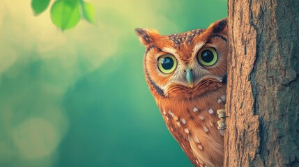 A curious owl peeks from behind a tree, showcasing its vibrant feathers and big, expressive eyes in a lush, green environment.