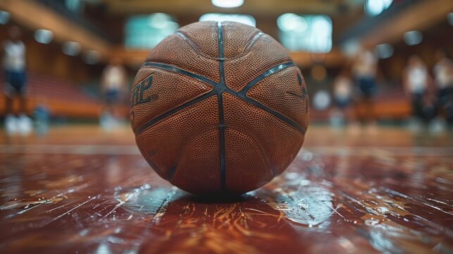 A basketball sits on a gleaming wooden court, surrounded by players as they engage in a spirited practice at a local gym