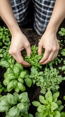 Close-up of hands cultivating herb plants in garden
