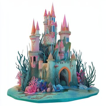 recommend clip art: 3D Render of an underwater castle with coral towers and seaweed-draped walls, on isolated white background