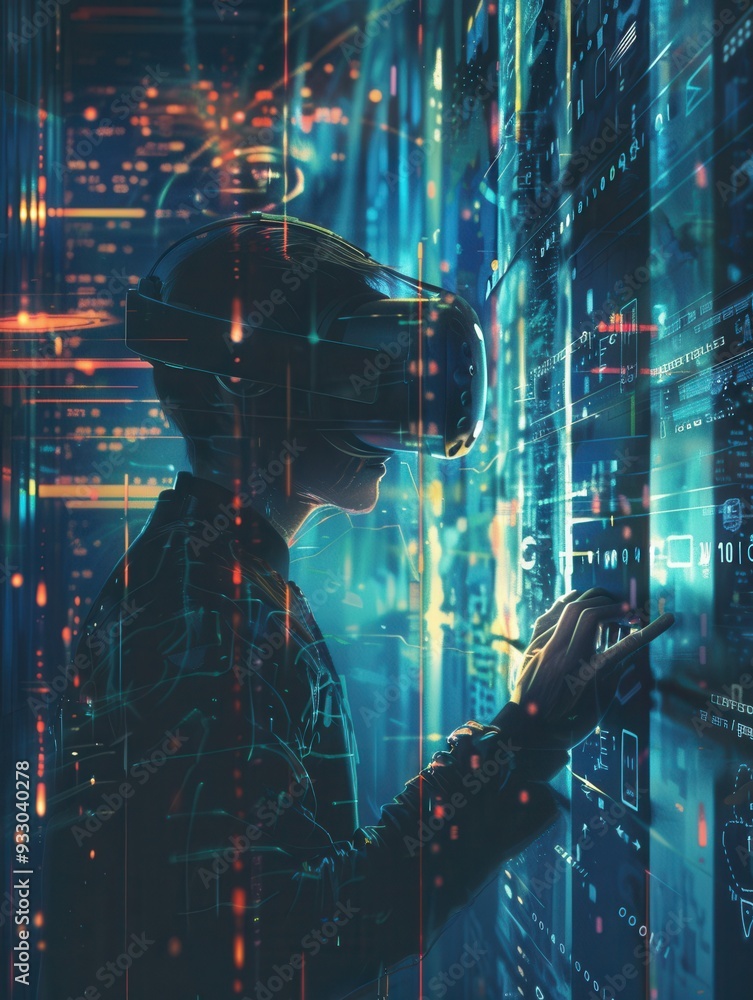 Aufkleber A hacker navigates a virtual space filled with intricate digital locks, codes, and vibrant data streams using a VR headset. Generative AI