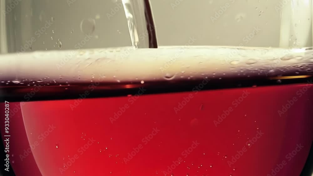 Poster close up view of a dark beer being poured into a glass, creating a thick head of foam and tiny bubbl