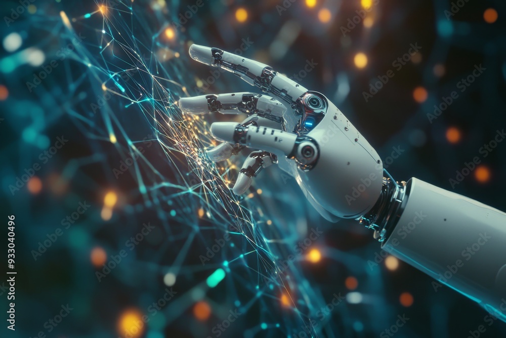 Poster robot hand in data exchange network ai, machine learning, deep learning innovation