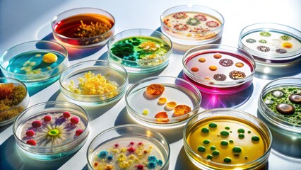 several petri dishes with colorful microbial cultures and intricate patterns against white background with subtle shadows for clinical and fascinating atmosphere