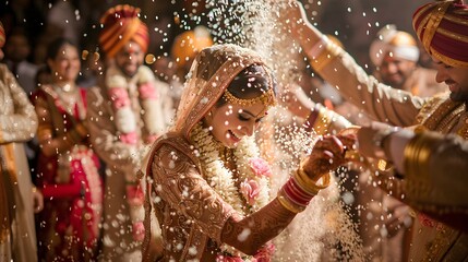 Happy wedding photography of bride and groom at wedding ceremony. Wedding tradition sprinkled with rice and grain. 