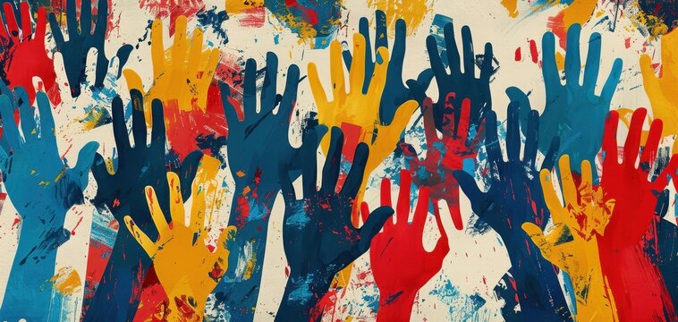 Vibrant abstract representation of diverse hands raised in unity, symbolizing support, collaboration, and collective action.