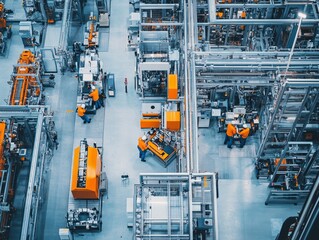 High angle view photography of engineers working on modern machinery in a clean factory