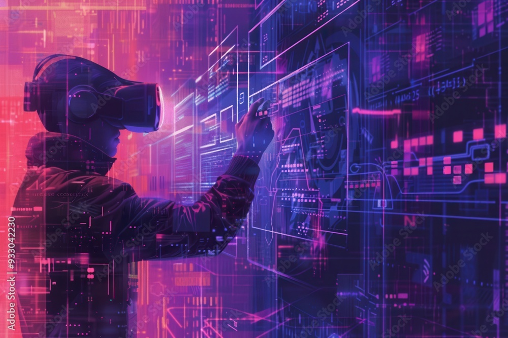Poster a hacker navigates a vivid virtual realm filled with digital locks and codes, fully immersed in the 