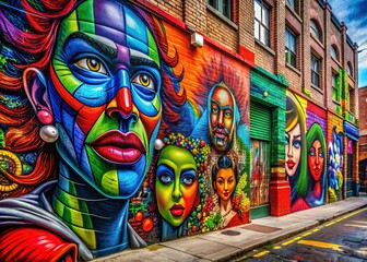 Fototapeta premium Vibrant graffiti adorns city streets, a kaleidoscope of red, blue, green, and black, bold characters leaping from urban backdrops with energy and vitality.