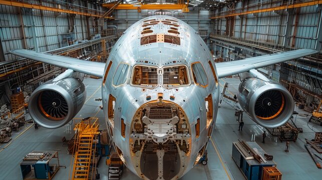 An airplane fuselage is being assembled in a spacious hangar, showcasing intricate details and industrial equipment nearby
