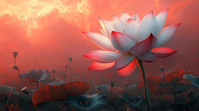 A serene digital painting of a delicate white lotus