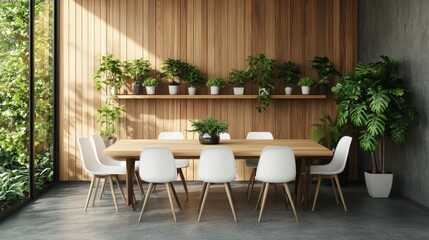 3D rendering of a dining room interior design with a wooden table and