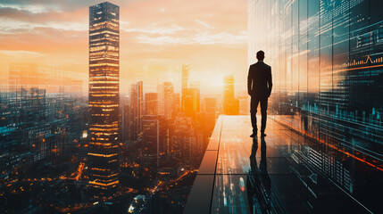  Abstract business man stands on the peak of success amid tall, innovative Smart city and graphs with statistics to analyze business potential and predict future developments in company growth.