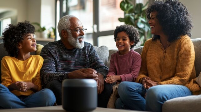 A multi-generational family using a smart home hub to stay connected. The grandparents are sending voice messages to their grandchildren through the device, demonstrating how technology helps 