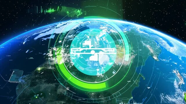 Earth overview with digital interface and data visualization during evening hours