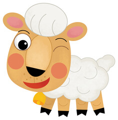 Cartoon sketch scene sheep or ram farm ranch animal is standing looking and smiling isolated illustration for kids