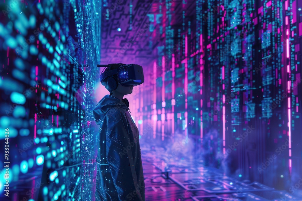Aufkleber a hacker navigates a vibrant virtual world filled with glowing digital locks and codes using a vr he