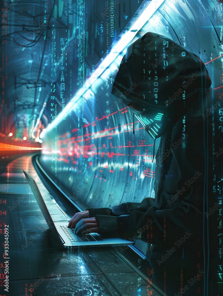 Poster a person in a hoodie works on a laptop in a dimly lit metro station, emphasizing the vulnerabilities